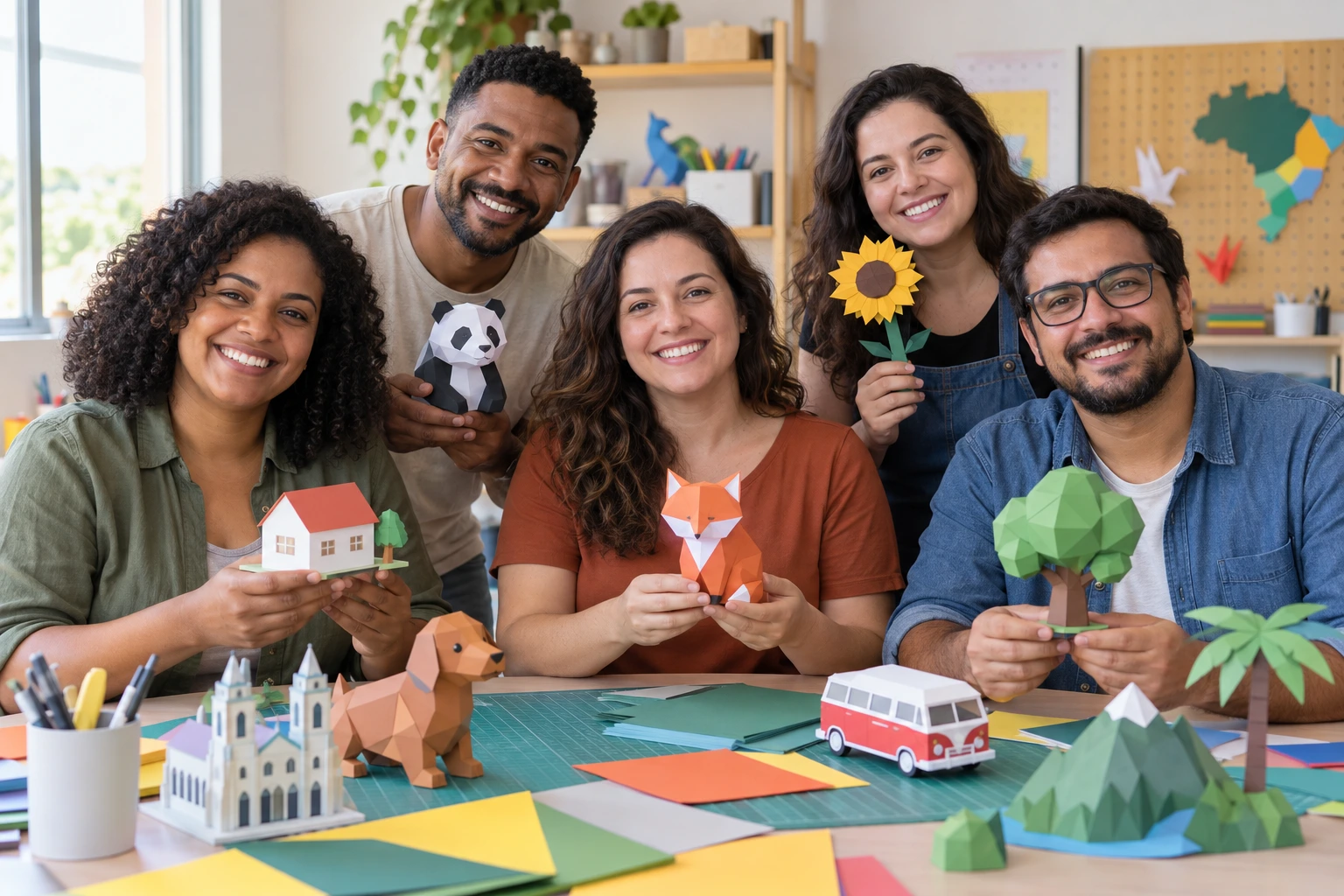 Pessoas apresentando construções criadas com papel
