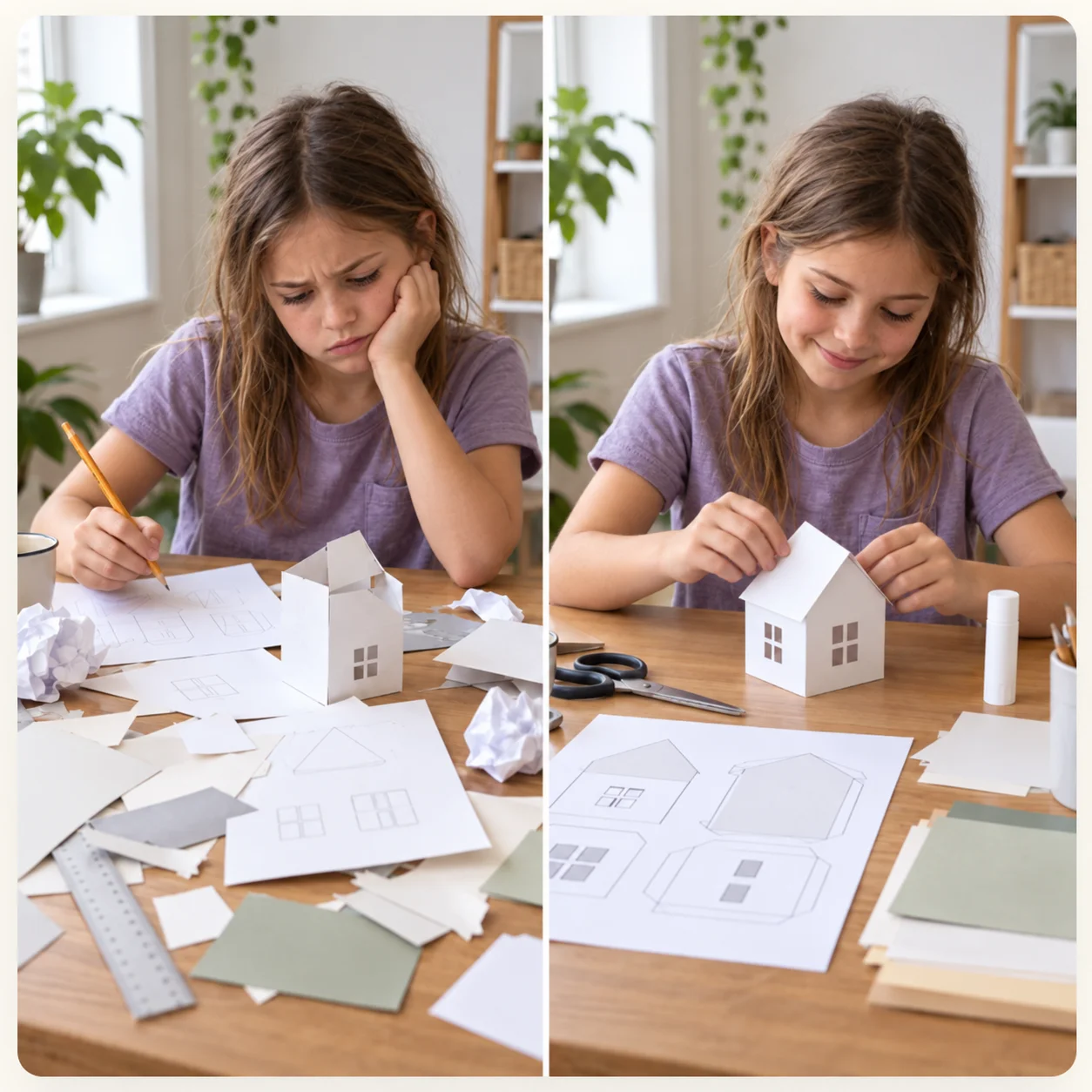 Criança montando uma construção em papel: do início confuso à montagem concluída