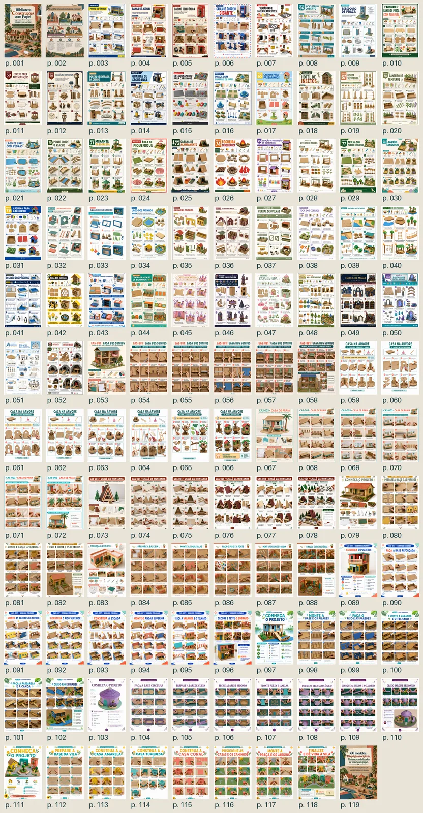 Visão geral das páginas dos projetos de construções com papel